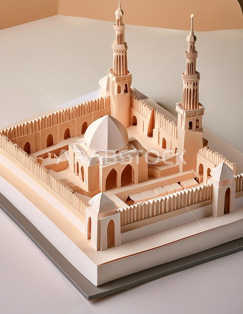 مجسم لتصميم مسجد اسلامي باللون الأبيض، الفن الهندسي المعماري على الطراز العربي العريق، اماكن للعبادة والطاعه والتقرب الى الله، المآذن والقبب المزخرفة، ديكورات وتصاميم اسلامية ثري دي، خلفية بيج