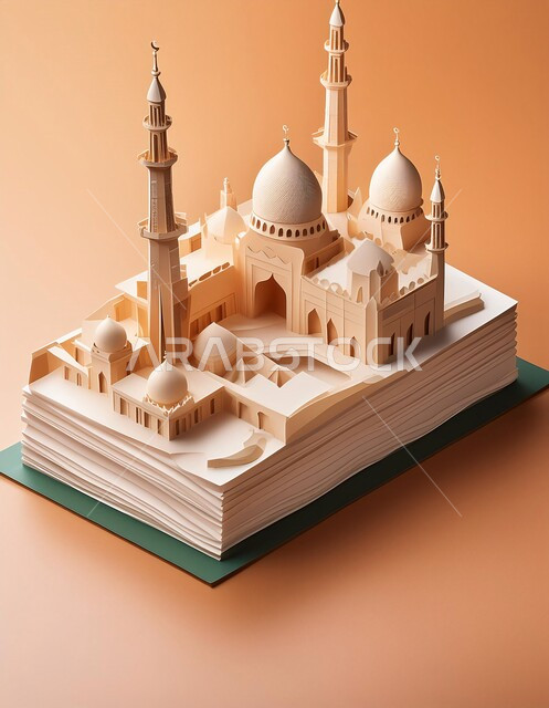 مجسم لتصميم مسجد اسلامي باللون الأبيض، الفن الهندسي المعماري على الطراز العربي العريق، اماكن للعبادة والطاعه والتقرب الى الله، المآذن والقبب المزخرفة، ديكورات وتصاميم اسلامية ثري دي، خلفية بيج