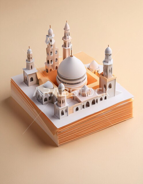 مجسم لتصميم مسجد اسلامي باللون الأبيض، الفن الهندسي المعماري على الطراز العربي العريق، اماكن للعبادة والطاعه والتقرب الى الله، المآذن والقبب المزخرفة، ديكورات وتصاميم اسلامية ثري دي، خلفية بيج