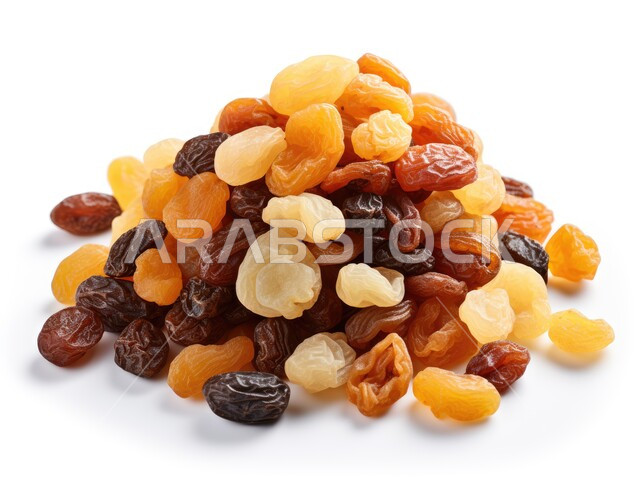 نوع من أنواع الفواكهة المجففة, صورة مقربة لمجموعة من حبات الزبيب، فاكهة العنب المجفف الصحية, عنصر غذائي مفيد للصحة, خلفية بيضاء