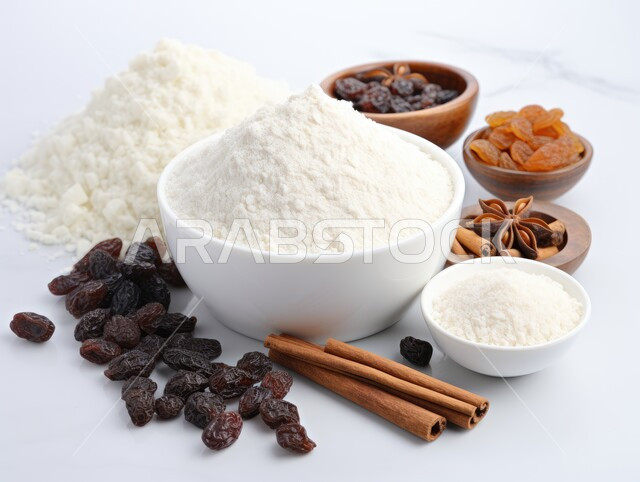 نوع من أنواع الفواكهة المجففة, صورة مقربة لمجموعة من حبات الزبيب واعواد القرفة وجوز الهند، الوجبات الصحية الشهية, عناصر غذائية مفيدة للصحة, خلفية بيضاء