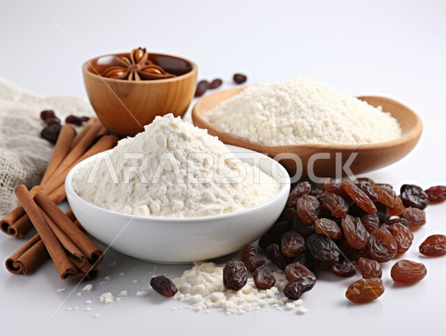 نوع من أنواع الفواكهة المجففة, صورة مقربة لمجموعة من حبات الزبيب واعواد القرفة وجوز الهند، الوجبات الصحية الشهية, عناصر غذائية مفيدة للصحة, خلفية بيضاء