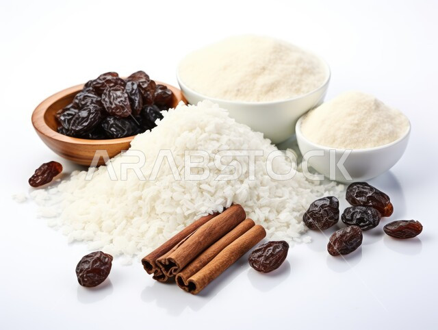 نوع من أنواع الفواكهة المجففة, صورة مقربة لمجموعة من حبات الزبيب واعواد القرفة وجوز الهند، الوجبات الصحية الشهية, عناصر غذائية مفيدة للصحة, خلفية بيضاء