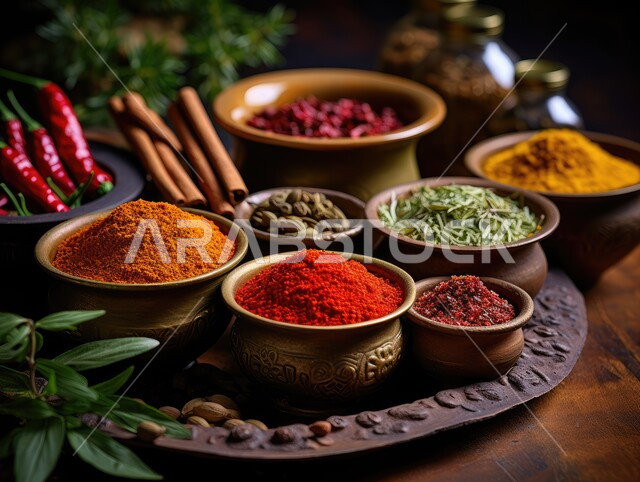 مجموعة من التوابل والبهارات الناعمة في أطباق صغيرة نحاسية، محاصيل زراعية وطنية، منكهات وملونات طبيعية للمأكولات والأطعمة، جودة المنتجات المحلية السعودية