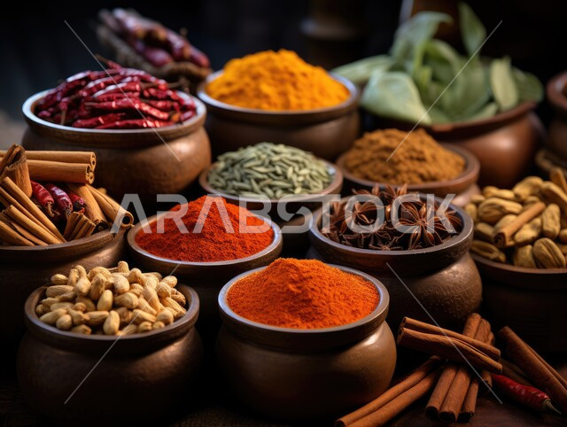 A collection of fine spices and condiments in small copper dishes, national agricultural crops, natural flavorings and colorings for foods and foods, quality Saudi local products