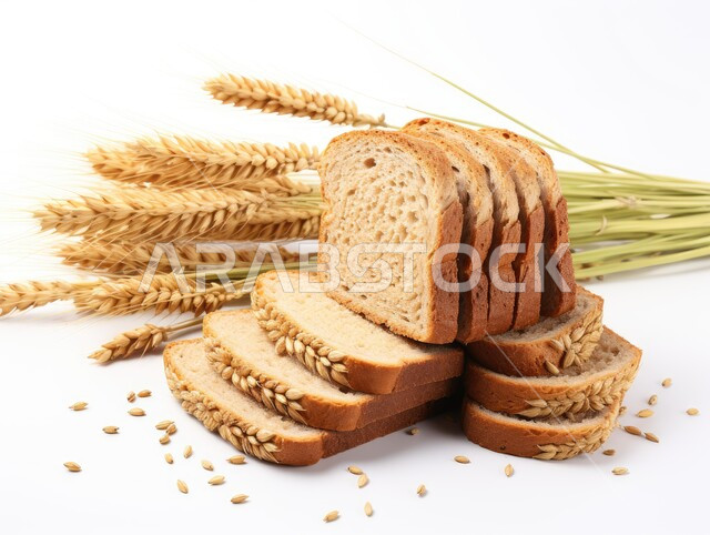 Delicious fresh baked goods, close-up of a group of bread slices with ears of wheat, crunchy rusk pieces, healthy nutritional meals, white backgroun