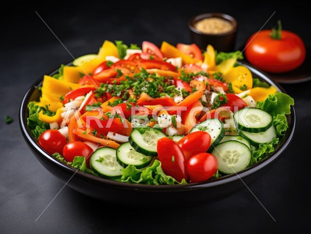 أطباق المقبلات الباردة، صورة مقربة لطبق من سلطة الخضار الطازجة، وجبات وأكلات مفيدة، اتباع الحميات الغذائية، ماكولات شرقية شهية، فنون تقديم الطعام في مطابخ و مطاعم المملكة العربية السعودية, خلفية سوداء