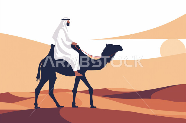 تربية الإبل و النوق في المحميات الطبيعية، رسوم توضيحية لرجل عربي خليجي اماراتي يرتدي الكندورة والغترة يقوم بامتطاء الجمل في وسط الصحراء، التلال والكثبان الرملية في المناطق الصحراوية، استخدام الحيوانات للتنقل في البادية