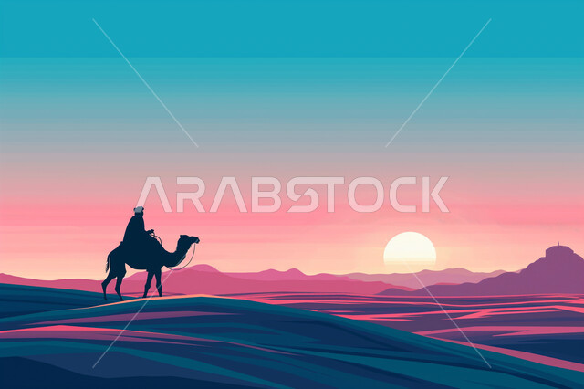تربية الإبل و النوق في المحميات الطبيعية، رسوم توضيحية لرجل عربي خليجي اماراتي يرتدي الكندورة والغترة يقوم بامتطاء الجمل في وسط الصحراء، التلال والكثبان الرملية في المناطق الصحراوية، استخدام الحيوانات للتنقل في البادية