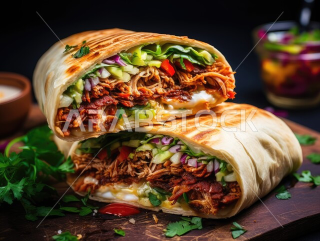 المأكولات العربية الشرقية، صورة مقربة لساندويش شاورما الدجاج مع الخضراوات الطازجة، وجبات الطعام السريعة الشهية، فنون التقديم في مطاعم وطابخ المملكة العربية السعودية، وصفات وأطعمة متميزة