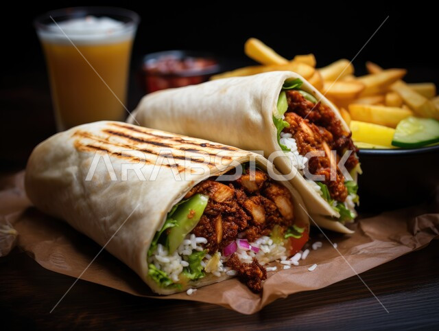 المأكولات العربية الشرقية، صورة مقربة لساندويش شاورما الدجاج مع الخضراوات الطازجة، وجبات الطعام السريعة الشهية، فنون التقديم في مطاعم وطابخ المملكة العربية السعودية، وصفات وأطعمة متميزة