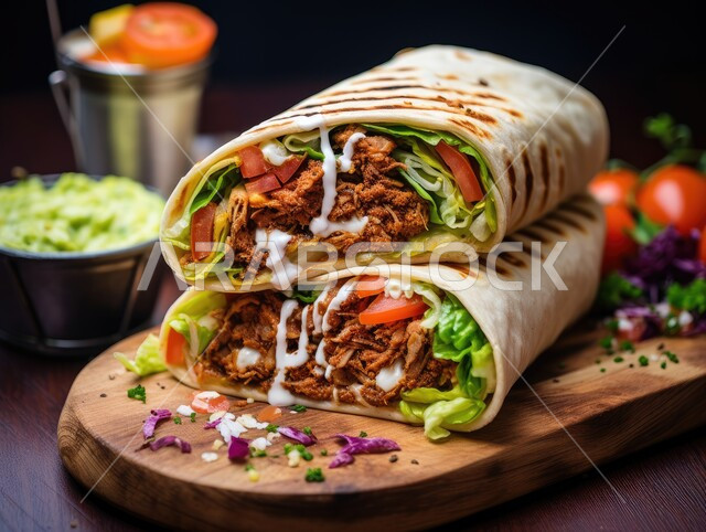Eastern Arab food, a close-up of a chicken shawarma sandwich with fresh vegetables, delicious fast food meals, presentation arts in restaurants and kitchens in the Kingdom of Saudi Arabia, distinctive recipes and foods