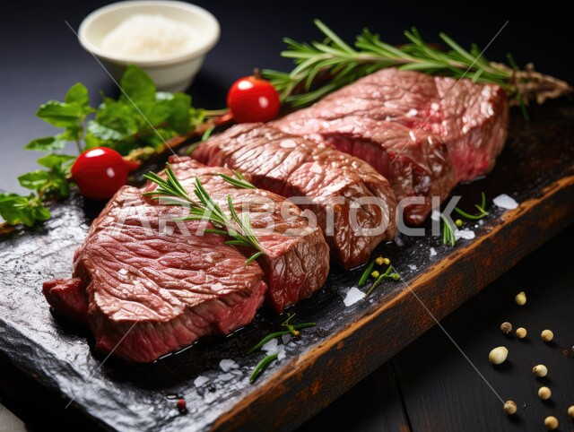قطعة من اللحم البقري النيء الطازج المقطعة مع التوابل والأعشاب والفلفل الحار، لحوم الضأن الحمراء المتبلة، مكونات الطعام الرئيسية الجاهزة للطهي، المواد الغذائية والمنتجات الصحية، خلفية سوداء