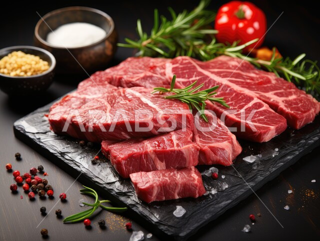 قطعة من اللحم البقري النيء الطازج المقطعة مع التوابل والأعشاب والفلفل الحار، لحوم الضأن الحمراء المتبلة، مكونات الطعام الرئيسية الجاهزة للطهي، المواد الغذائية والمنتجات الصحية، خلفية سوداء