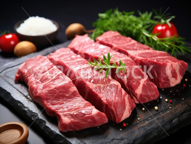 قطعة من اللحم البقري النيء الطازج المقطعة مع التوابل والأعشاب والفلفل الحار، لحوم الضأن الحمراء المتبلة، مكونات الطعام الرئيسية الجاهزة للطهي، المواد الغذائية والمنتجات الصحية، خلفية سوداء