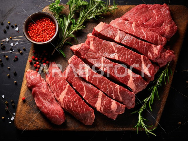 قطعة من اللحم البقري النيء الطازج المقطعة مع التوابل والأعشاب والفلفل الحار، لحوم الضأن الحمراء المتبلة، مكونات الطعام الرئيسية الجاهزة للطهي، المواد الغذائية والمنتجات الصحية، خلفية سوداء