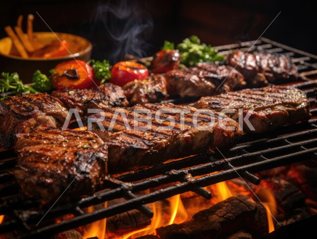 مطاعم للمأكولات العربية الشرقية, صورة مقربة لقطع اللحوم على أسياخ الشواء، وصفات الدجاج المشوية بنكهات متنوعة، أطعمة وأغذية صحية, وجبات اللحم الضأن الشهية الساخنة، فنون التقديم في مطابخ المملكة