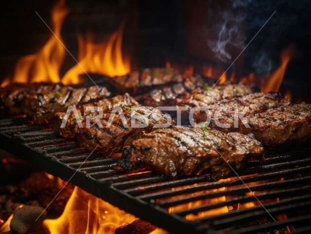 مطاعم للمأكولات العربية الشرقية, صورة مقربة لقطع اللحوم على أسياخ الشواء، وصفات الدجاج المشوية بنكهات متنوعة، أطعمة وأغذية صحية, وجبات اللحم الضأن الشهية الساخنة، فنون التقديم في مطابخ المملكة