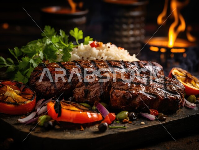 مطاعم للمأكولات العربية الشرقية, صورة مقربة لقطع اللحوم المشوية مع الخضار، وصفات الدجاج المشوية بنكهات متنوعة، أطعمة وأغذية صحية, وجبات اللحم الضأن الشهية الساخنة، فنون التقديم في مطابخ المملكة