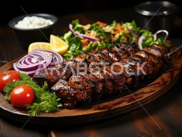 مطاعم للمأكولات العربية الشرقية, صورة مقربة لأسياخ اللحوم المشوية مع الخضار، وصفات الدجاج المشوية بنكهات متنوعة، أطعمة وأغذية صحية, وجبات اللحم الضأن الشهية الساخنة، فنون التقديم في مطابخ المملكة