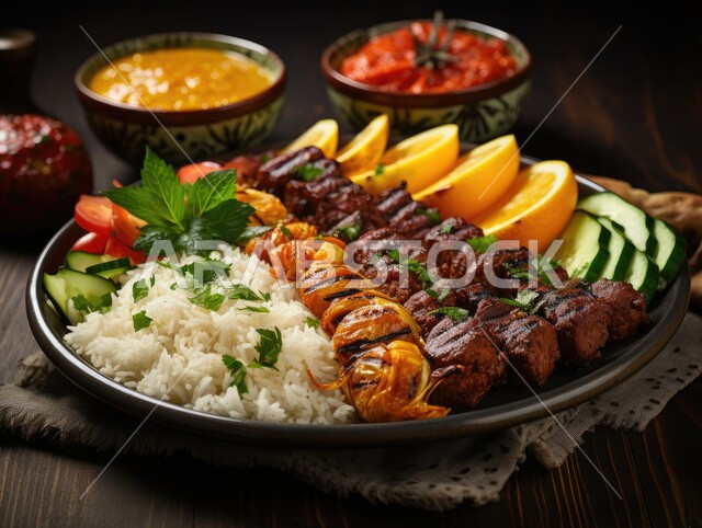 وصفات الدجاج المشوية بنكهات متنوعة، مطاعم للمأكولات العربية الشرقية, صورة مقربة لقطع اللحوم المشوية مع الخضار والارز، أطعمة وأغذية صحية, وجبات اللحم الضأن الشهية الساخنة، فنون التقديم في مطابخ المملكة، خلفية سوداء