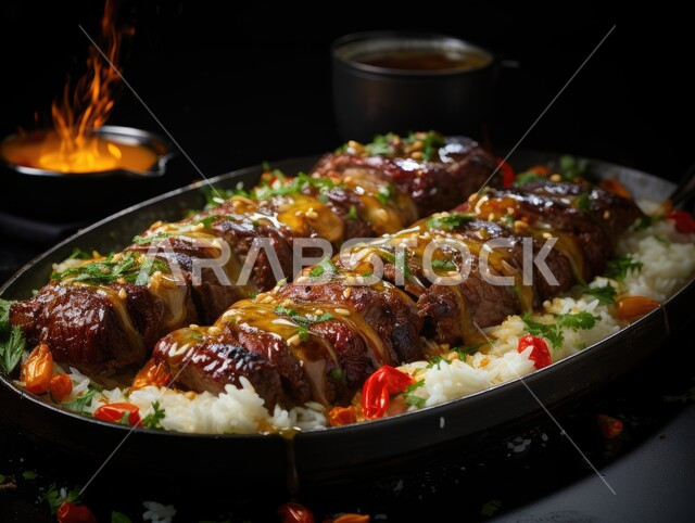 وصفات الدجاج المشوية بنكهات متنوعة، مطاعم للمأكولات العربية الشرقية, صورة مقربة لقطع اللحوم المشوية مع الخضار والارز، أطعمة وأغذية صحية, وجبات اللحم الضأن الشهية الساخنة، فنون التقديم في مطابخ المملكة، خلفية سوداء