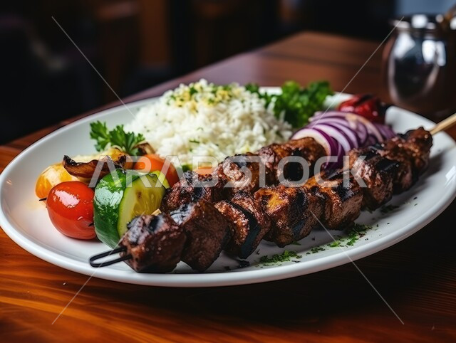 وصفات الدجاج المشوية بنكهات متنوعة، مطاعم للمأكولات العربية الشرقية, صورة مقربة لقطع اللحوم المشوية مع الخضار والارز، أطعمة وأغذية صحية, وجبات اللحم الضأن الشهية الساخنة، فنون التقديم في مطابخ المملكة