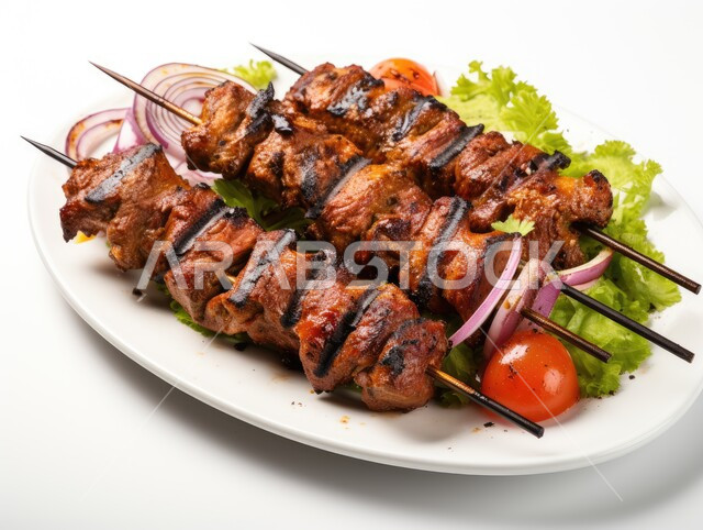 وصفات الدجاج المشوية بنكهات متنوعة، مطاعم للمأكولات العربية الشرقية, صورة مقربة لأسياخ اللحوم المشوية مع الخضار، أطعمة وأغذية صحية, وجبات اللحم الضأن الشهية الساخنة، فنون التقديم في مطابخ المملكة، خلفية بيضاء