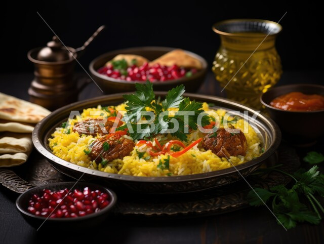 ولائم وأطباق تقليدية شعبية، صورة مقربة لطبق من أرز الكبسة مع قطع لحم الحاشي المزين بالفلفل و البقدونس، وجبات اللحم الضأن الشهية الساخنة، وصفات شرقية متميزة، فنون التقديم في مطابخ المملكة العربية السعودية