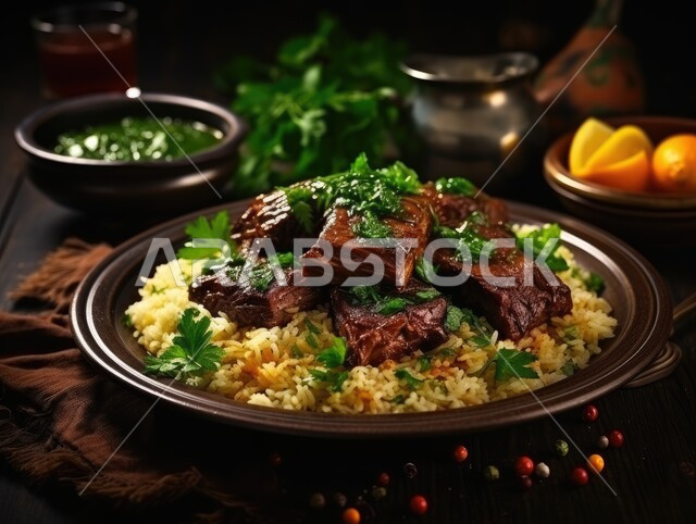 ولائم وأطباق تقليدية شعبية، صورة مقربة لطبق من أرز الكبسة مع قطع لحم الحاشي المزين بالفلفل و البقدونس، وجبات اللحم الضأن الشهية الساخنة، وصفات شرقية متميزة، فنون التقديم في مطابخ المملكة العربية السعودية