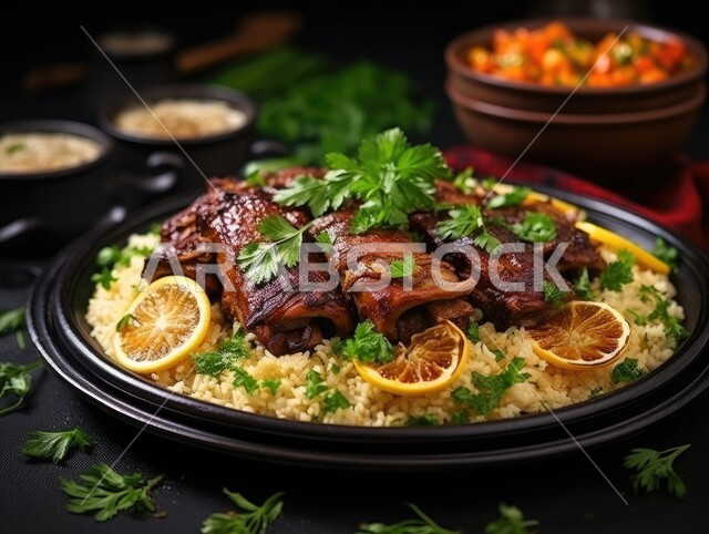 ولائم وأطباق تقليدية شعبية، صورة مقربة لطبق من أرز الكبسة مع قطع لحم الحاشي المزين بالفلفل و البقدونس، وجبات اللحم الضأن الشهية الساخنة، وصفات شرقية متميزة، فنون التقديم في مطابخ المملكة العربية السعودية