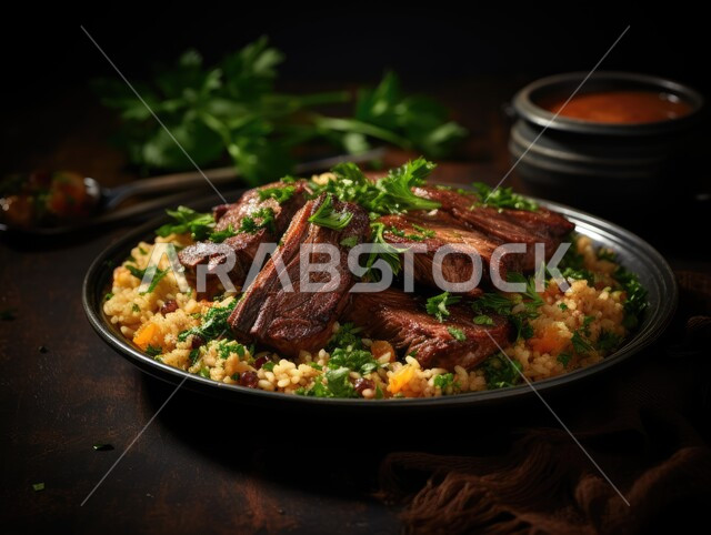 ولائم وأطباق تقليدية شعبية، صورة مقربة لطبق من أرز الكبسة مع قطع لحم الحاشي المزين بالفلفل و البقدونس، وجبات اللحم الضأن الشهية الساخنة، وصفات شرقية متميزة، فنون التقديم في مطابخ المملكة العربية السعودية
