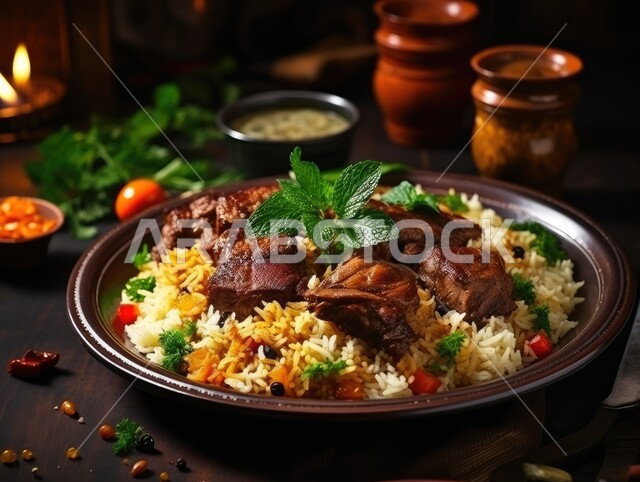 ولائم وأطباق تقليدية شعبية، صورة مقربة لطبق من أرز الكبسة مع قطع لحم الحاشي المزين بالفلفل و البقدونس، وجبات اللحم الضأن الشهية الساخنة، وصفات شرقية متميزة، فنون التقديم في مطابخ المملكة العربية السعودية
