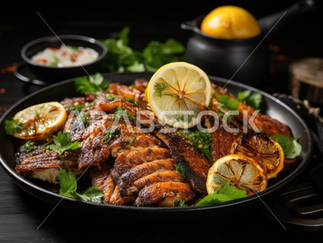 أطباق الوجبات الرئيسية الشهية، المأكولات و الكائنات البحريه الطازجة, وجبات الطعام السريعة، صورة مقربة لطبق من السمك المشوي الطازج مع الخضار، فنون التقديم في مطاعم ومطابخ المملكة العربيه السعودية