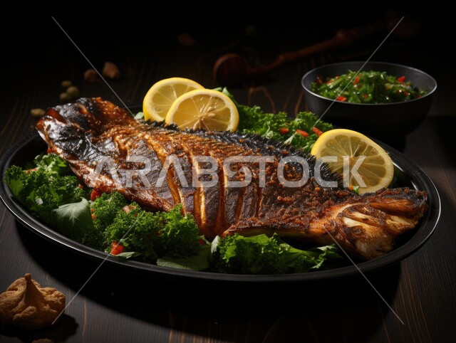 أطباق الوجبات الرئيسية الشهية، المأكولات و الكائنات البحريه الطازجة, وجبات الطعام السريعة، صورة مقربة لطبق من السمك المشوي الطازج مع الخضار، فنون التقديم في مطاعم ومطابخ المملكة العربيه السعودية