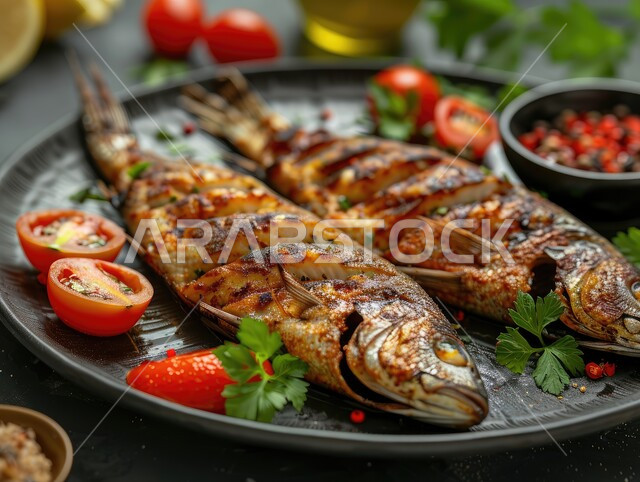 أطباق الوجبات الرئيسية الشهية، المأكولات و الكائنات البحريه الطازجة, وجبات الطعام السريعة، صورة مقربة لطبق من السمك المشوي الطازج مع الخضار، فنون التقديم في مطاعم ومطابخ المملكة العربيه السعودية