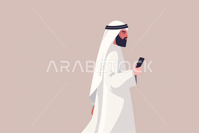 قضاء وقت ممتع بالدردشة مع الاهل، تصفح مواقع التواصل الاجتماعي، التواصل مع الاصدقاء، استخدام الاجهزة التقنية الحديثة، رسوم توضيحية لرجل عربي خليجي اماراتية يرتدي الكندورة والغترة يقوم باستخدم الهاتف المحمول، خلفية بيج