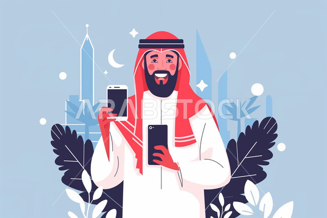 عرض شاشة سواء فارغة، قضاء وقت ممتع بالدردشة مع الاهل، تصفح مواقع التواصل الاجتماعي، التواصل مع الاصدقاء، استخدام الاجهزة التقنية الحديثة، رسوم توضيحية لرجل عربي خليجي سعودي يرتدي الزي التقليدي يقوم باستخدم الهاتف المحمول
