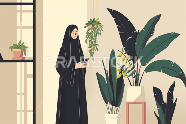 قضاء وقت ممتع بالدردشة مع الاهل، تصفح مواقع التواصل الاجتماعي، التواصل مع الاصدقاء، استخدام الاجهزة التقنية الحديثة، رسوم توضيحية لشابة عربية خليجية سعودية محجبة ترتدي عباءة سوداء تقوم باستخدم الهاتف المحمول