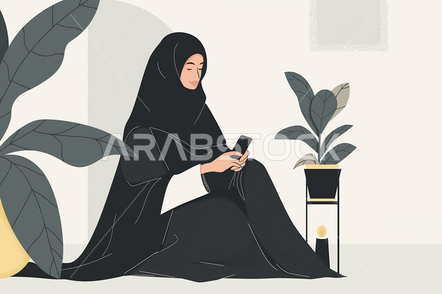 رسوم توضيحية لشابة عربية خليجية سعودية محجبة ترتدي عباءة سوداء تقوم باستخدم الهاتف المحمول، قضاء وقت ممتع بالدردشة مع الاهل، تصفح مواقع التواصل الاجتماعي، التواصل مع الاصدقاء، استخدام الاجهزة التقنية الحديثة