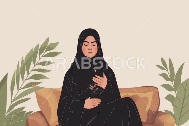 Using modern technical devices, illustrations of a veiled Saudi Gulf Arab young woman wearing a black abaya, using a mobile phone, spending a good time chatting with family, browsing social networking sites, communicating with friends, beige background