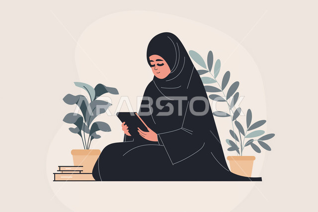 تصفح مواقع التواصل الاجتماعي، التواصل مع الاصدقاء، استخدام الاجهزة التقنية الحديثة، رسوم توضيحية لشابة عربية خليجية سعودية محجبة ترتدي عباءة سوداء تقوم باستخدام التابليت، قضاء وقت ممتع بالدردشة مع الاهل