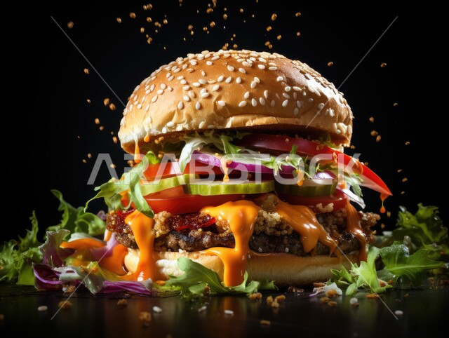 وجبات ومأكولات سريعة، صورة مقربة لساندوتش البرجر بقطع اللحم المشوية وشرائح الجبن الذائبة مع الخضراوات الطازجة, وصفة الهمبرجر الشهية، فنون تقديم الأطعمة في مطاعم المملكة العربية السعودية، خلفية سوداء