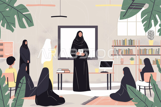 الاستعداد لتقديم المناهج التعليمية الحديثة والمطورة في المملكة العربية السعودية، حل الواجبات المدرسية في الفصل، أهداف التربية والتعليم، رسوم توضيحية لمعلمة عربية سعودية خليجية محجبة ترتدي العباءه السوداء تقف وسط الطلاب