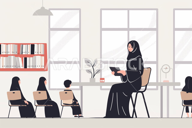 أهداف التربية والتعليم، رسوم توضيحية لمعلمة عربية سعودية خليجية محجبة ترتدي العباءه السوداء تحمل بيدها التابلت، الاستعداد لتقديم المناهج التعليمية الحديثة والمطورة في المملكة العربية السعودية، حل الواجبات المدرسية في الفصل