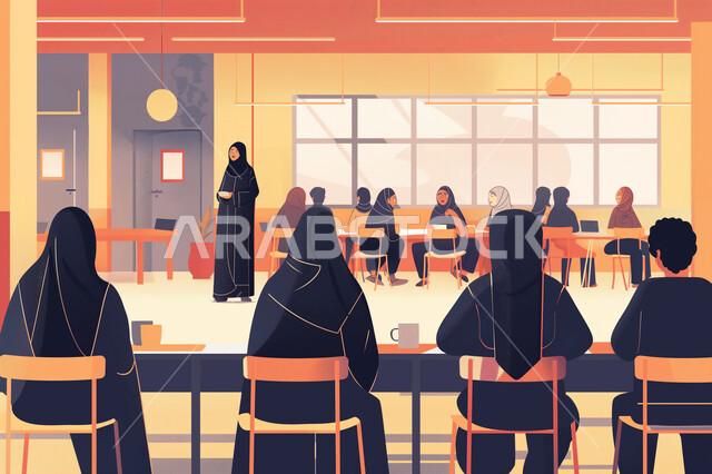 Solving homework in the classroom, educational objectives, illustrations of a veiled Saudi Gulf Arab teacher wearing a black abaya standing among the students, preparing to present modern and developed educational curricula in the Kingdom of Saudi Arabia