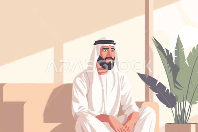 مفهوم الرجولة و الاناقة، رسوم توضيحية لرجل عربي خليجي اماراتي يرتدي الكندورة والغترة يجلس على أريكة مريحة ينظر إلى مكان ما بإيماءات التركيز، الاهتمام بالمظهر الخارجي