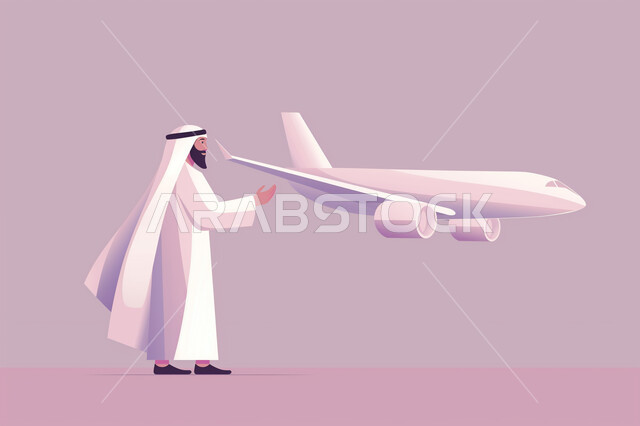 الانطلاق لبدء رحلة جوية، رسوم توضيحية لشاب عربي خليجي اماراتي يرتدي الكندورة والغترة يقوم يقوم بالتلويح للطائرة، رفع اليد بإيماءات الوداع، خلفية وردية