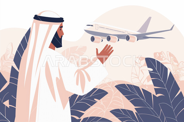 رفع اليد بإيماءات الوداع، الانطلاق لبدء رحلة جوية، رسوم توضيحية لشاب عربي خليجي اماراتي يرتدي الكندورة والغترة يقوم يقوم بالتلويح للطائرة