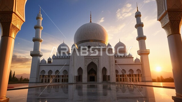 نداء المسلمين لأداء الفرائض والصلوات، التصاميم والديكورات الهندسية الدينية المتميزة، مشهد السماء في وقت غروب الشمس، العبادة والتقرب إلى الله تعالى، قبب ومآذن المساجد على الطراز الاسلامي